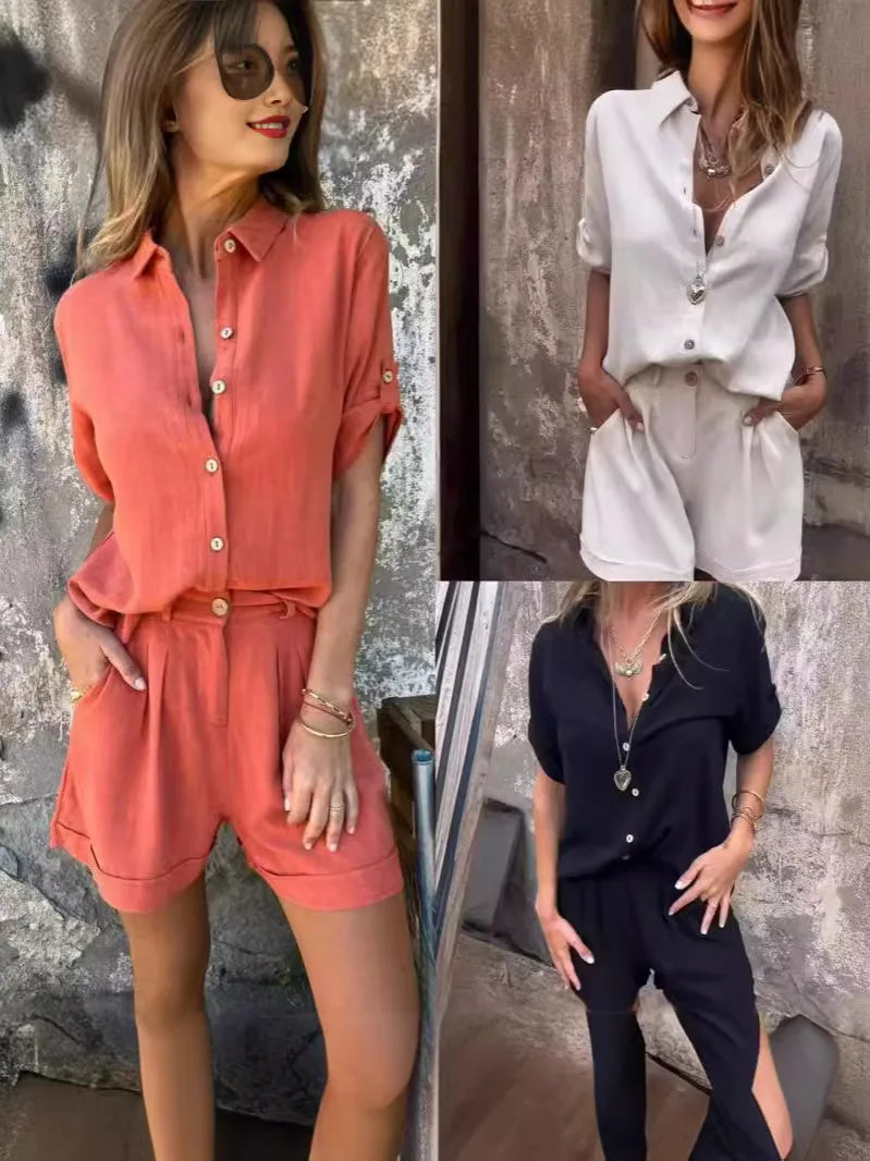 2025 New Women Cotton Linen Short-Sleeved T-Shirt Shorts Suit Summer Women Casual Shirt Top + Short Pant Two Peice Set Women Set