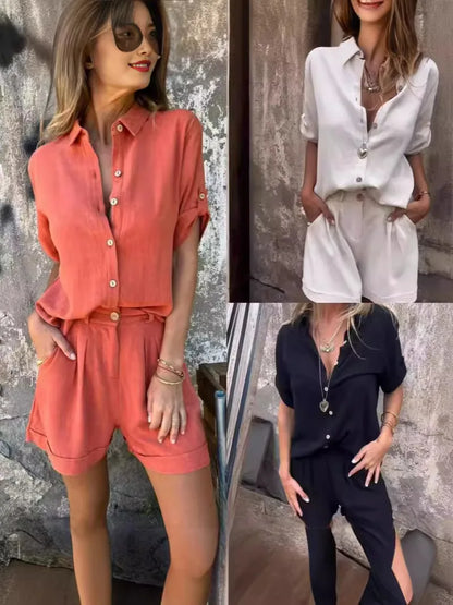 2025 New Women Cotton Linen Short-Sleeved T-Shirt Shorts Suit Summer Women Casual Shirt Top + Short Pant Two Peice Set Women Set