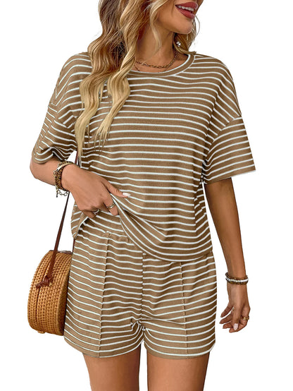 Women Two Piece Short Sets Round Neck Casual Loose Striped Short Sets Knit Elastic Waist