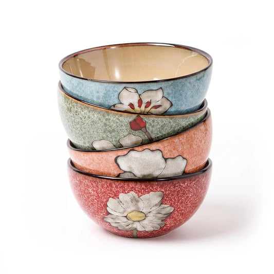 Set Of 4 Hand Painted Underglaze Ceramic Cereal Bowls 6 Inch Floral Classic Design Stackable Dishwasher Microwave And Oven Safe