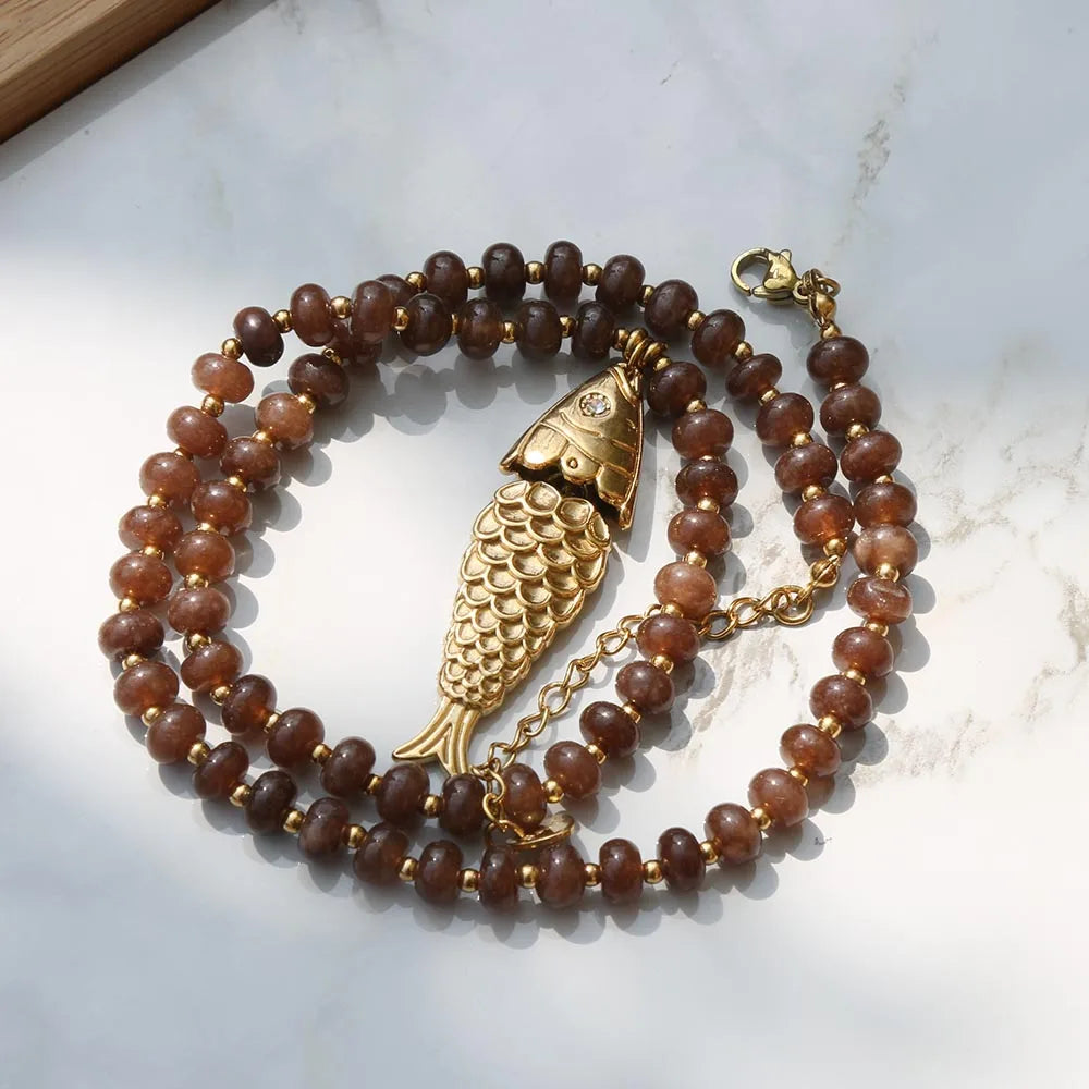 Bohemian Style Spring/Summer Colorful Natural Stone Necklace with Stainless Steel Fish Pendant