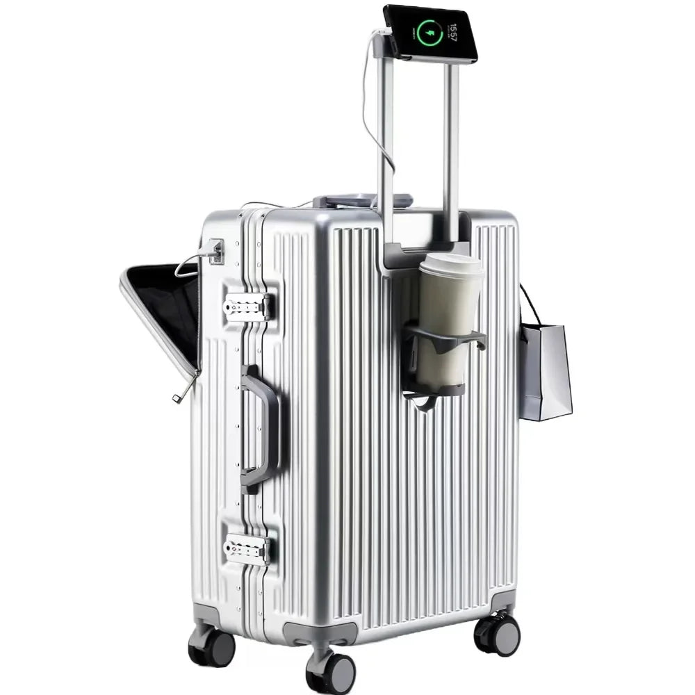 Aluminium Frame Suitcase Front Opening Cabin Luggage with USB Cup Holder