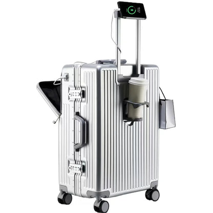 Aluminium Frame Suitcase Front Opening Cabin Luggage with USB Cup Holder
