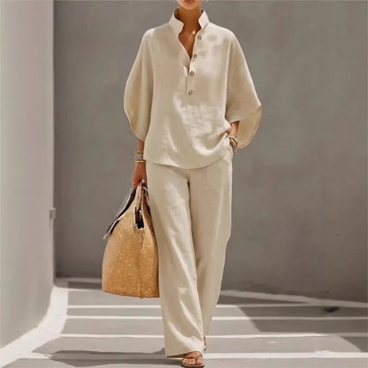 Fashion Cotton Linen Button Stand Collar 9 Quarter Sleeves Loose Women's 2-piece Suit Spring Casual Wide Leg Pants Suit Female