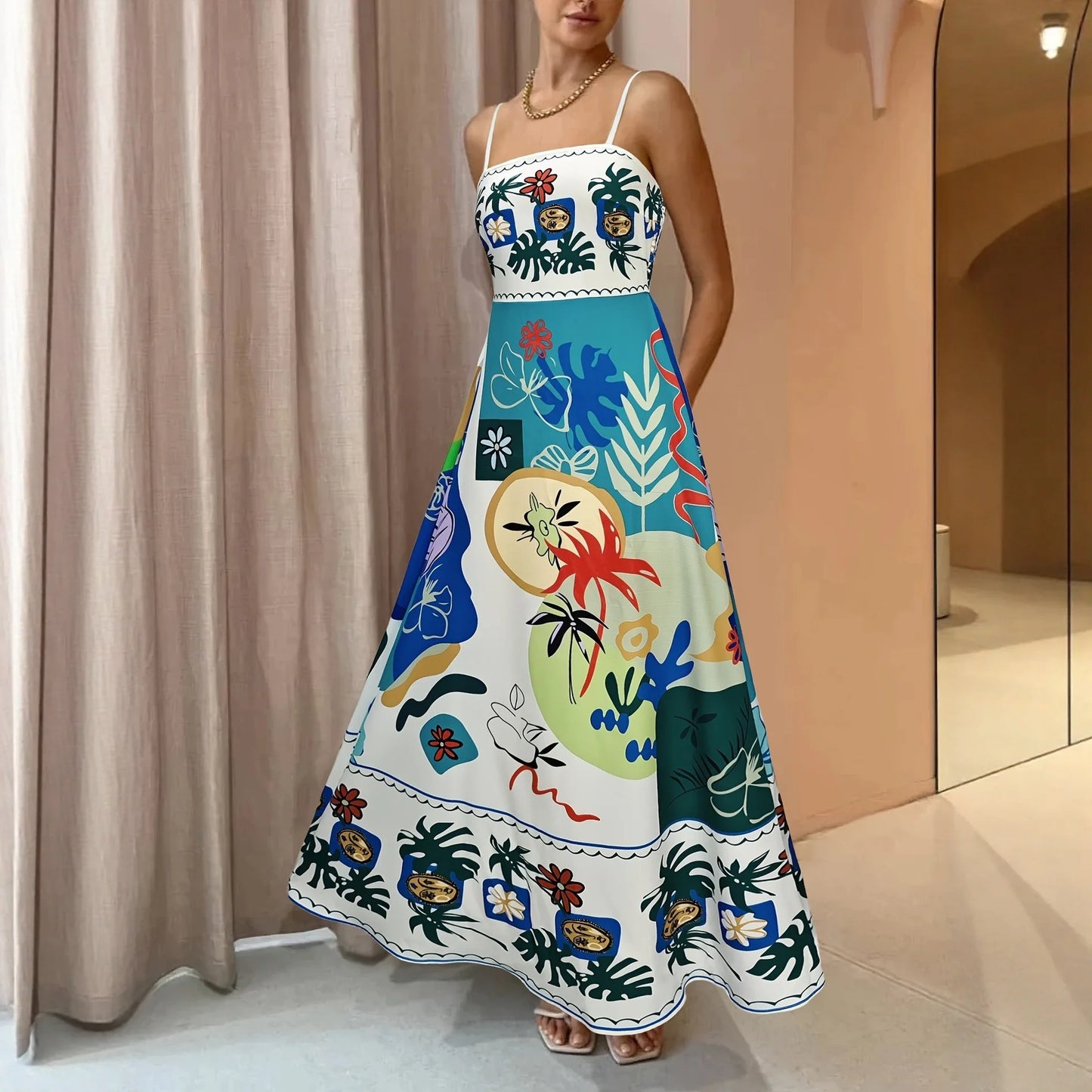 Colorful Abstract Print Strapless Midi Dress Women Summer Sun Face Graffiti Boho Beach A-Line Sundress Holiday Party Vestidos