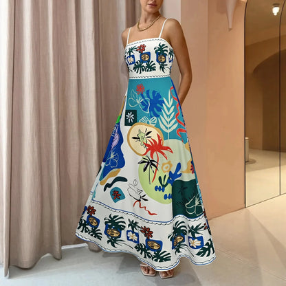 Colorful Abstract Print Strapless Midi Dress Women Summer Sun Face Graffiti Boho Beach A-Line Sundress Holiday Party Vestidos