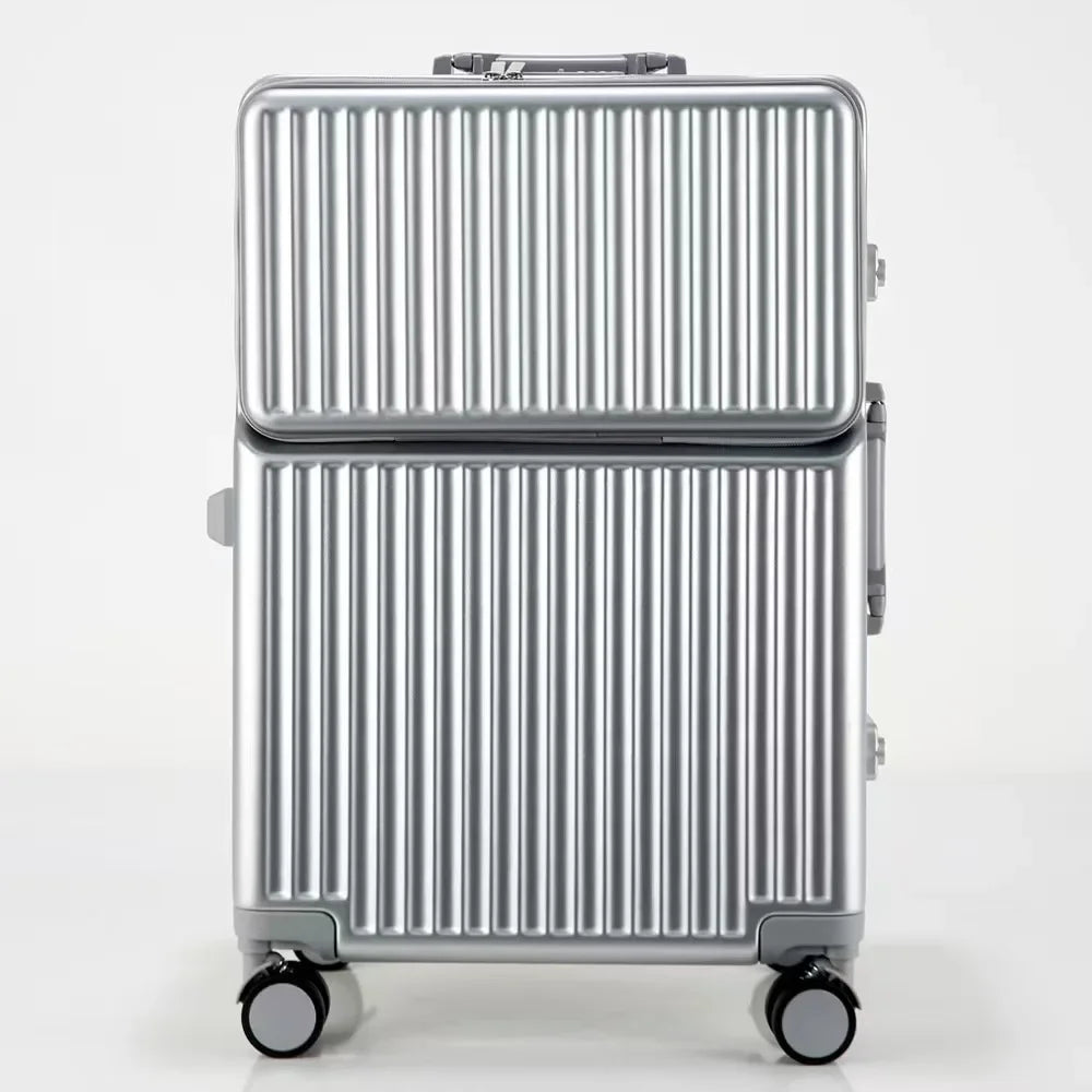 Aluminium Frame Suitcase Front Opening Cabin Luggage with USB Cup Holder