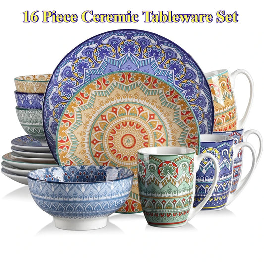 Vancasso Bohemian Mandala Patterned Ceremic Tableware 16PCS Porcelain Dinnerware Set with Dinner Plate Dessert Plate Bowl Mug