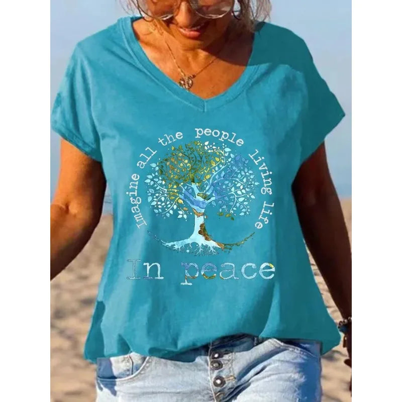 Women's Short Sleeve T-Shirts Casual V Neck T Shirt Summer Hippie Styel Tops Summer Beach Print Tees