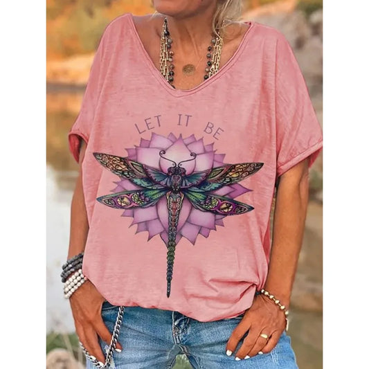 ilstile  Hippie Let It Be Dragonfly Print T-Shirts Women's V Neck T Shirt Short Sleeve Tops Casual Tees Fashion Female clothing