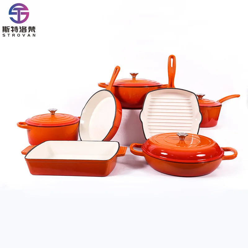 7 Pieces Enamel Cast Iron Cookware Set Gas Induction Cooker Universal Dutch Oven Frying Pan Saucepan Milk Pot Set with Lid