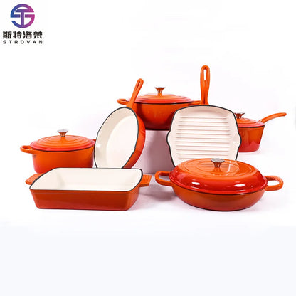 7 Pieces Enamel Cast Iron Cookware Set Gas Induction Cooker Universal Dutch Oven Frying Pan Saucepan Milk Pot Set with Lid