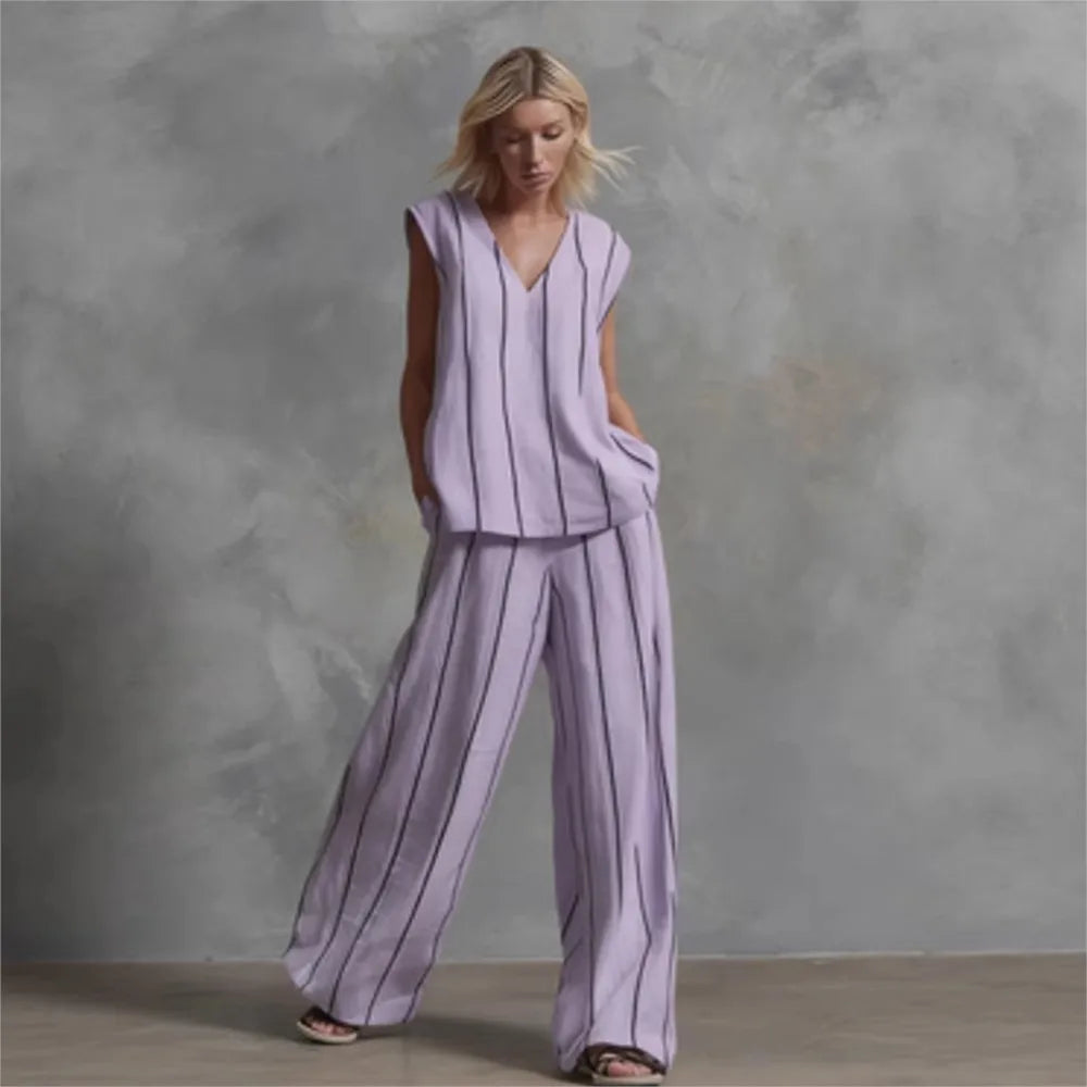 Black White Vertical Striped Loose Top+Wide Leg Pants Two-piece Summer Women's Loose Cotton Linen Trousers Set Костюм Женский