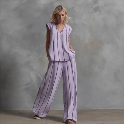 Black White Vertical Striped Loose Top+Wide Leg Pants Two-piece Summer Women's Loose Cotton Linen Trousers Set Костюм Женский