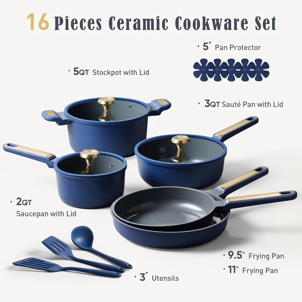 16-Piece Ceramic Nonstick Cookware Set, Blue