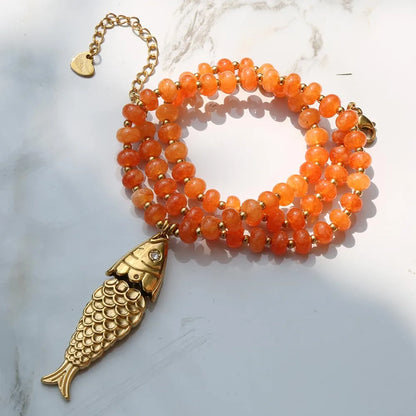 Bohemian Style Spring/Summer Colorful Natural Stone Necklace with Stainless Steel Fish Pendant