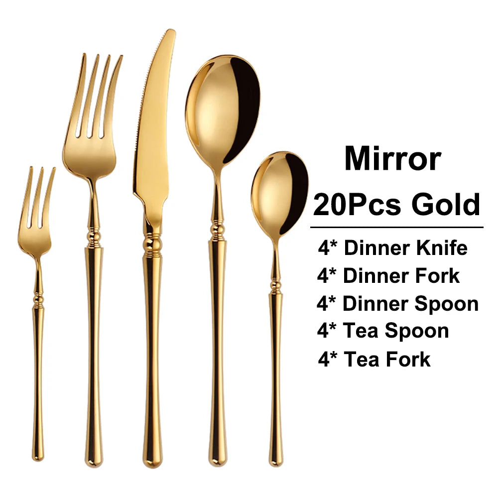 6/16/24/30Pcs Gold Tableware Stainless Steel 304 Cutlery Set Mirror Dinnerware Wedding Gift Hotel Home Dinner Party Flatware