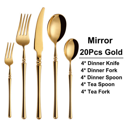 6/16/24/30Pcs Gold Tableware Stainless Steel 304 Cutlery Set Mirror Dinnerware Wedding Gift Hotel Home Dinner Party Flatware
