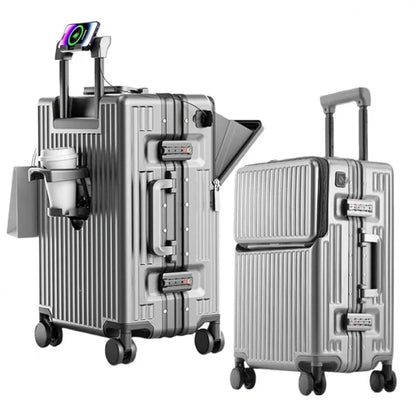 Aluminium Frame Suitcase Front Opening Cabin Luggage with USB Cup Holder
