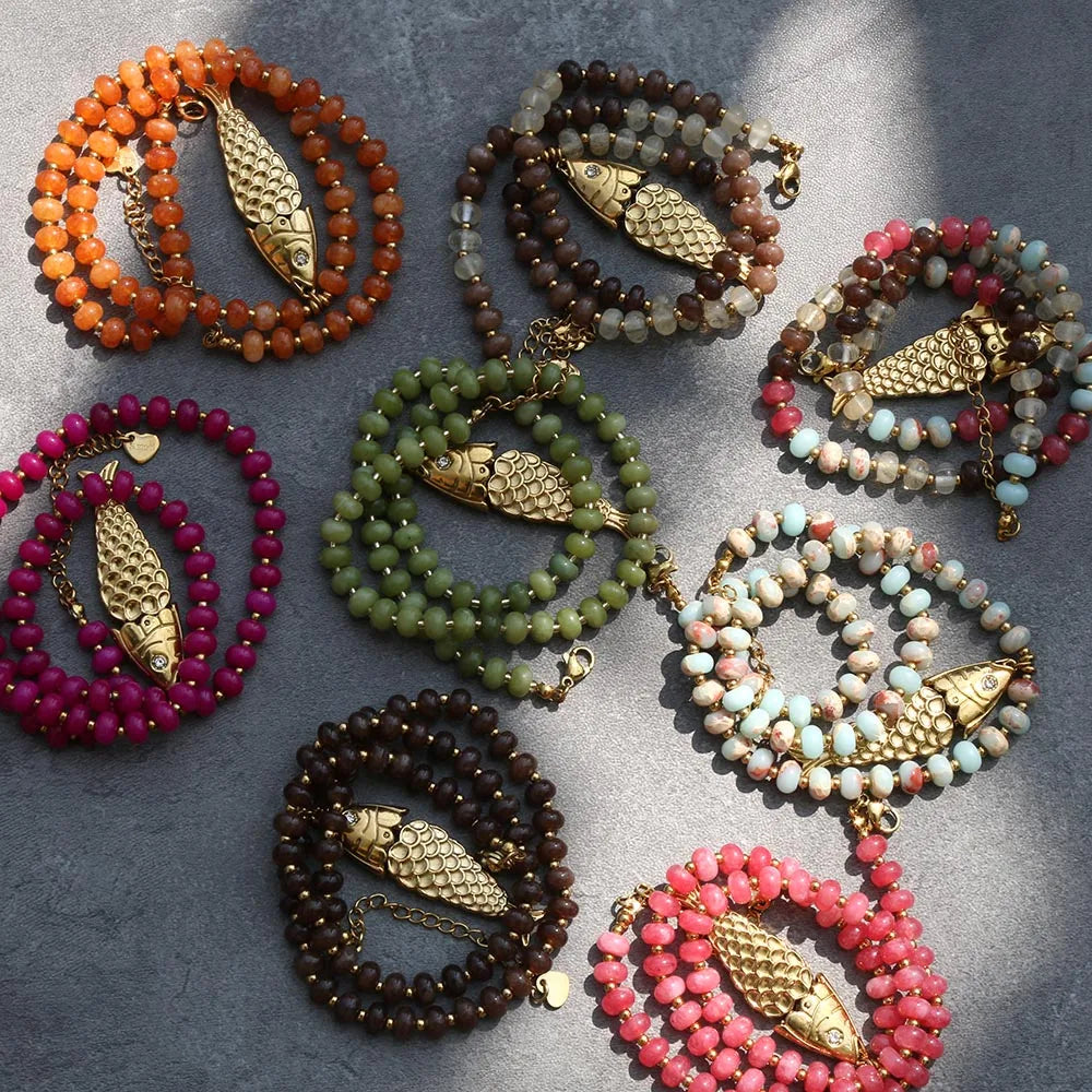 Bohemian Style Spring/Summer Colorful Natural Stone Necklace with Stainless Steel Fish Pendant