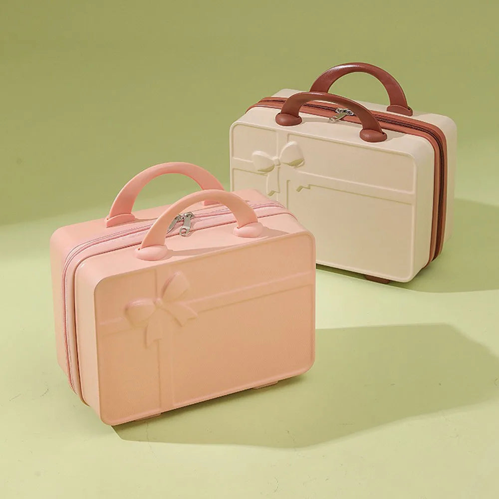 New Bow Embossed Design Makeup Case Solid Color 14 Inch Luggage Mini Portable Hand Suitcase Cosmetic Storage Box For Women