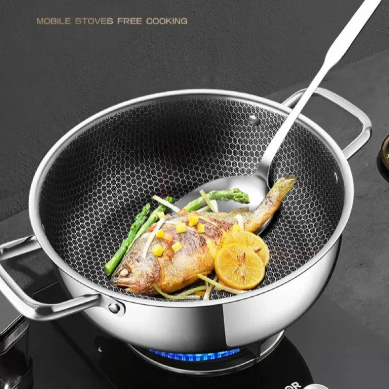 410 Stainless Steel Soup Pot Wok Frying Pan Honeycomb Non-stick Pan with Lid Home Hot Pan Induction Cooker Gas Stove Universal