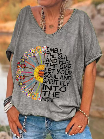 Hippie Classic T-Shirts Women's V Neck T Shirt Short Sleeve Tops Casual Loose Print Tees