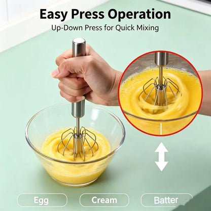 Stainless Steel Semi-Automatic Egg Beater, Hand Press Rotary Whisk, Manual Cream Mixer for Baking Kitchen Tool