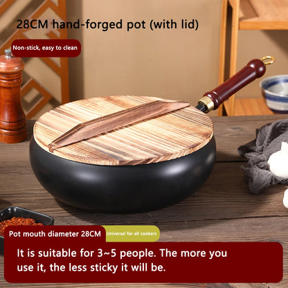 24cm/28cm Non-stick Wok Hand-made Iron Pot with Wooden Lid Multi-function Cooking Pan for Induction Electric Gas All Stoves
