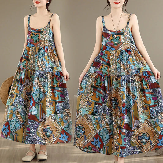 plus Size Cotton Linen A-Line Dress Women's Summer Long Skirt Printed Strapless Quality Good Loose Waist Style No Sleeve
