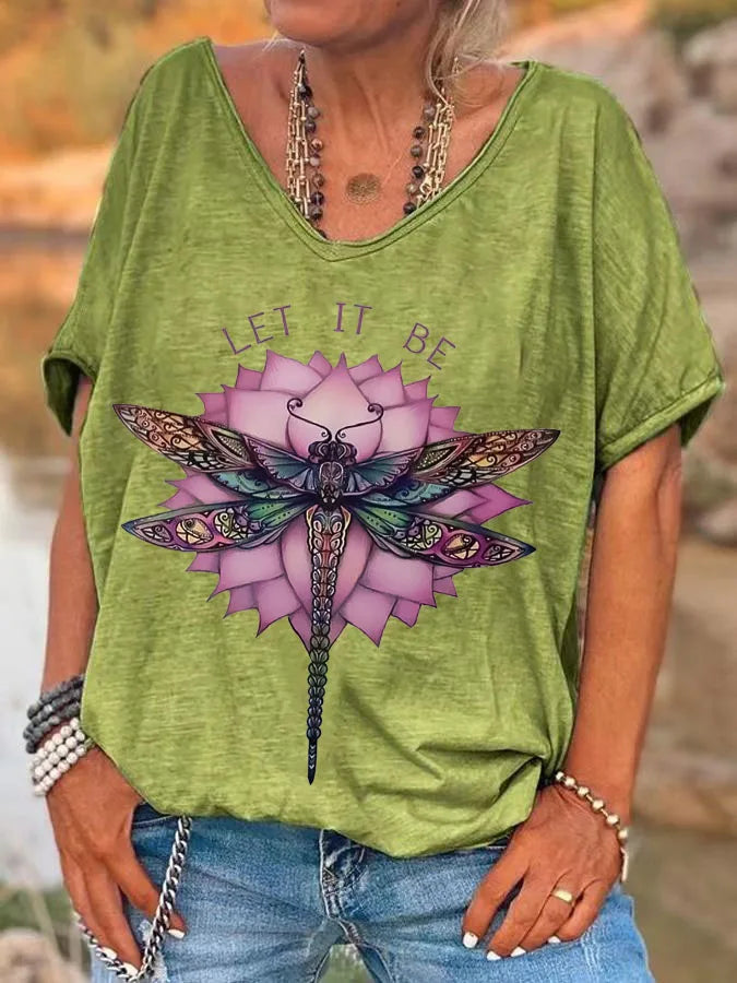 ilstile  Hippie Let It Be Dragonfly Print T-Shirts Women's V Neck T Shirt Short Sleeve Tops Casual Tees Fashion Female clothing