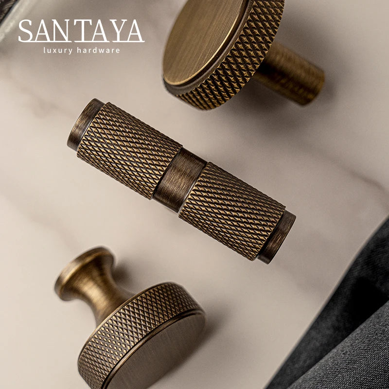 Santaya Brass Diamond-cut Cross Knurl Pattern Antique Kitchen Cabinet Handles Wardrobe Pull T-bar Knobs