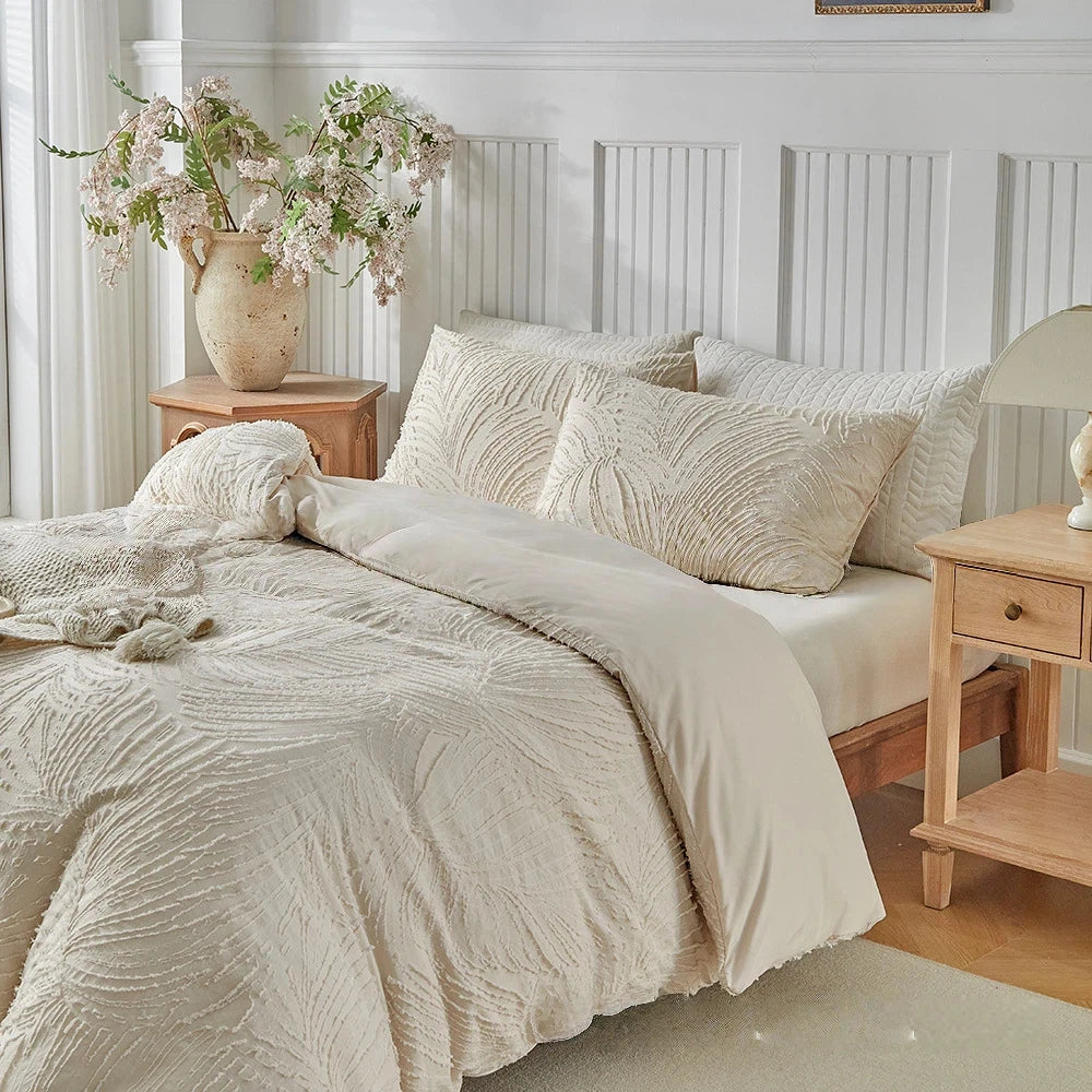 Luxury Beige Duvet Cover Set with Pillowcase Full/Queen Size Boho Microfiber Bedding Set for All Seasons Chic Comforter Cover
