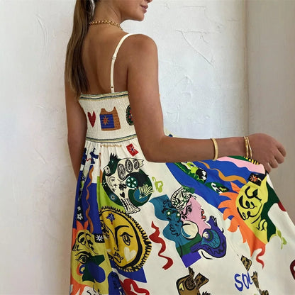 Colorful Abstract Print Strapless Midi Dress Women Summer Sun Face Graffiti Boho Beach A-Line Sundress Holiday Party Vestidos