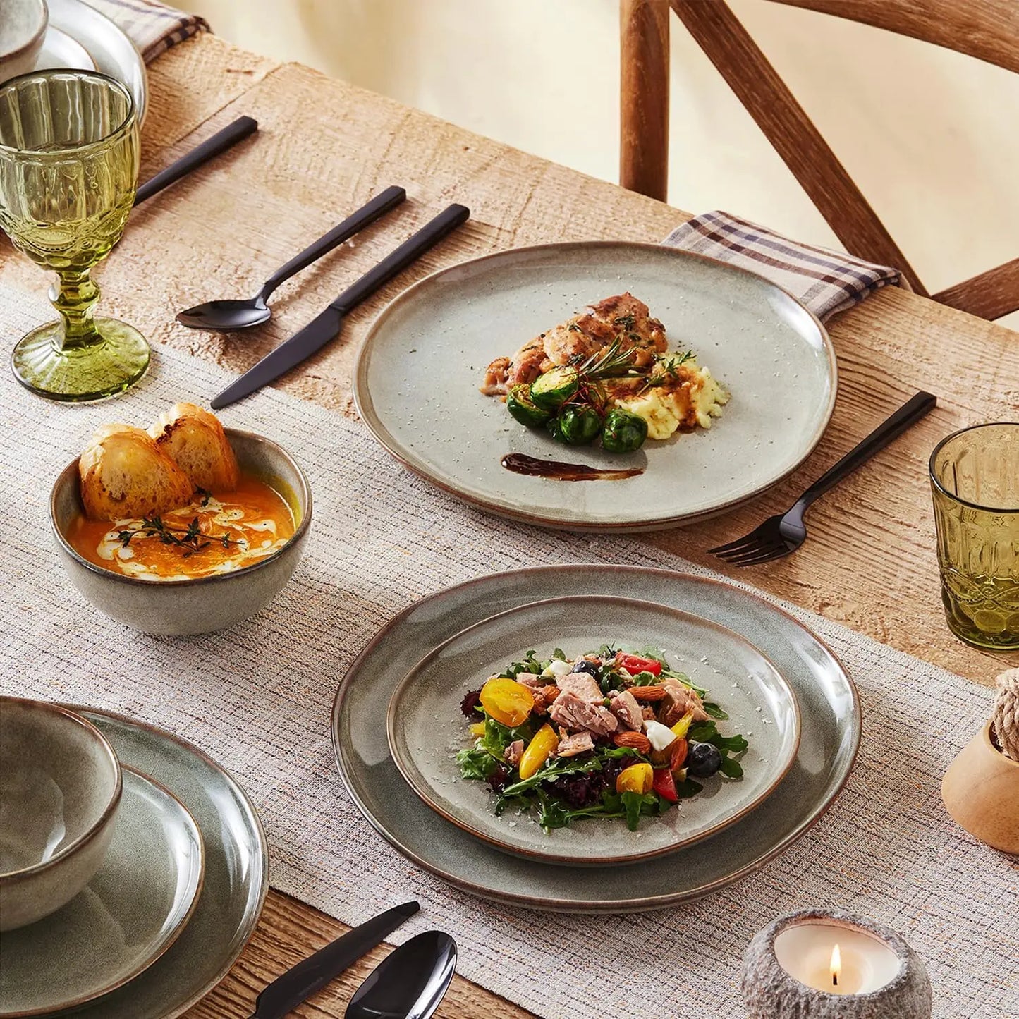 Stoneware Dinnerware Sets for 4, Reactive Glaze Plates and Bowls, Grey | 12-Piece Handcrafted Rustic Porcelain Dishes Set, Highly Scratch Resistant, Dishwasher & Microwave Safe