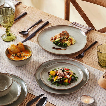 Stoneware Dinnerware Sets for 4, Reactive Glaze Plates and Bowls, Grey | 12-Piece Handcrafted Rustic Porcelain Dishes Set, Highly Scratch Resistant, Dishwasher & Microwave Safe