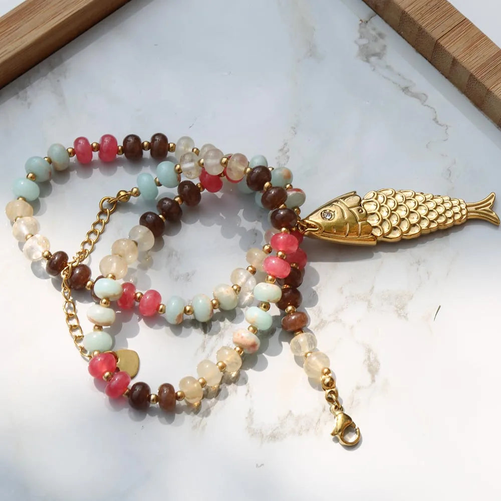 Bohemian Style Spring/Summer Colorful Natural Stone Necklace with Stainless Steel Fish Pendant