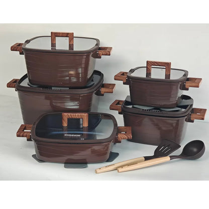 Donnor Crest 15-Piece Classic Square Cookware Set for Blue Diamond Non-Stick Soup Pot Bakelite Gold-Plated Handle Induction Base