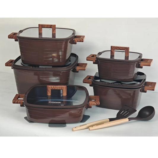 Donnor Crest 15-Piece Classic Square Cookware Set for Blue Diamond Non-Stick Soup Pot Bakelite Gold-Plated Handle Induction Base