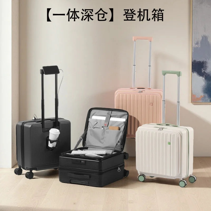 18 Inch Expandable Carry On Luggage Lightweight Front Opening Suitcase Password Lock USB Type C Cup Holder Spinner Wheels Travel