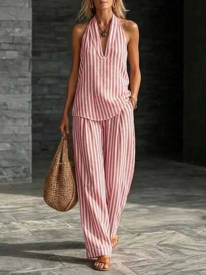 Women's Casual Two-piece Set Spring Summer Striped Wide-leg Pants Halter Top Cotton And Linen Two-piece Set For Women Clothing
