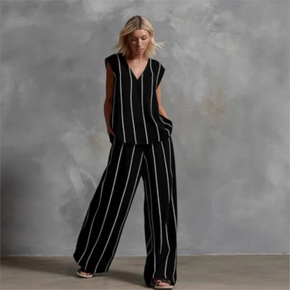 Black White Vertical Striped Loose Top+Wide Leg Pants Two-piece Summer Women's Loose Cotton Linen Trousers Set Костюм Женский