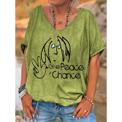 ilstile Hippie Women's V Neck Print T-Shirt Summer Short Sleeve Tops Female clothing Casual Loose Tees