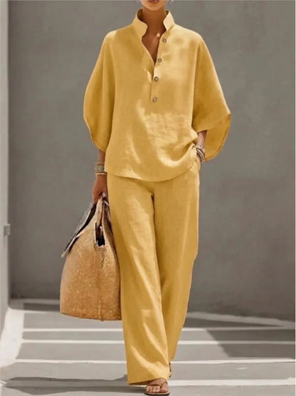 Fashion Cotton Linen Button Stand Collar 9 Quarter Sleeves Loose Women's 2-piece Suit Spring Casual Wide Leg Pants Suit Female
