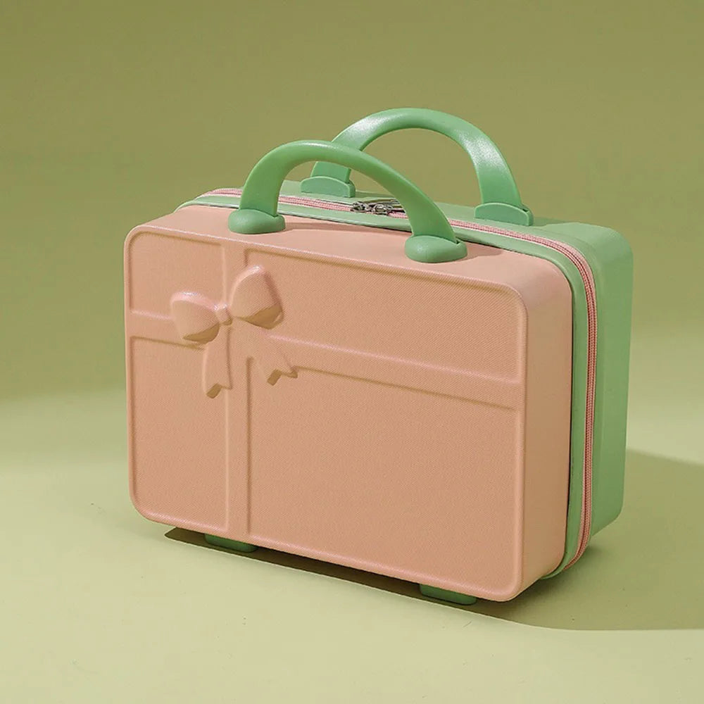 New Bow Embossed Design Makeup Case Solid Color 14 Inch Luggage Mini Portable Hand Suitcase Cosmetic Storage Box For Women