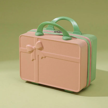 New Bow Embossed Design Makeup Case Solid Color 14 Inch Luggage Mini Portable Hand Suitcase Cosmetic Storage Box For Women