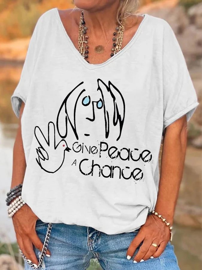 ilstile Hippie Women's V Neck Print T-Shirt Summer Short Sleeve Tops Female clothing Casual Loose Tees