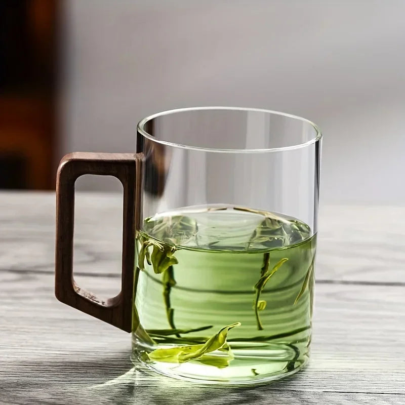 1/2pcs 400ml Glass Cups with Walnut Handle Household Heat-resistant Mug Large Capacity Tea Making Cup Office Drinking Glasses