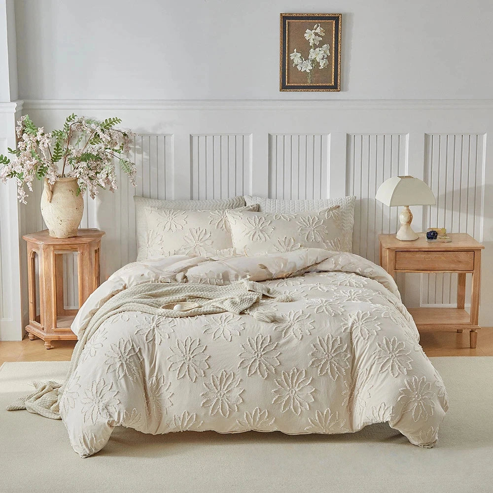 Luxury Beige Duvet Cover Set with Pillowcase Full/Queen Size Boho Microfiber Bedding Set for All Seasons Chic Comforter Cover