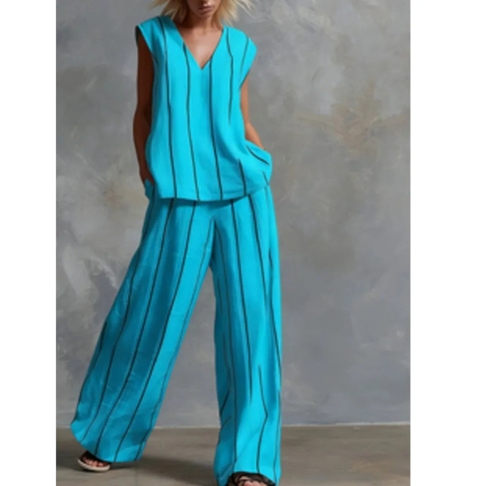 Black White Vertical Striped Loose Top+Wide Leg Pants Two-piece Summer Women's Loose Cotton Linen Trousers Set Костюм Женский